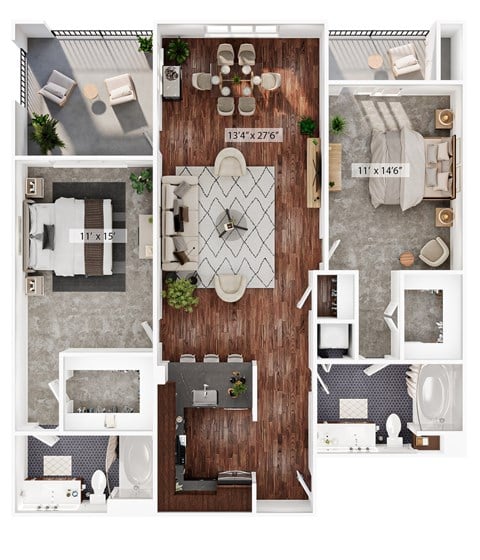 Floor plan for 2 beds, 2 baths, 1405 sqft
